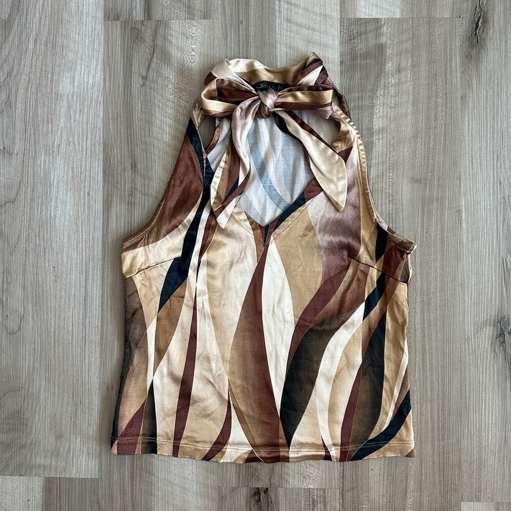 Dina Bar-El brown and cream tight fit halter neck top with bow detail